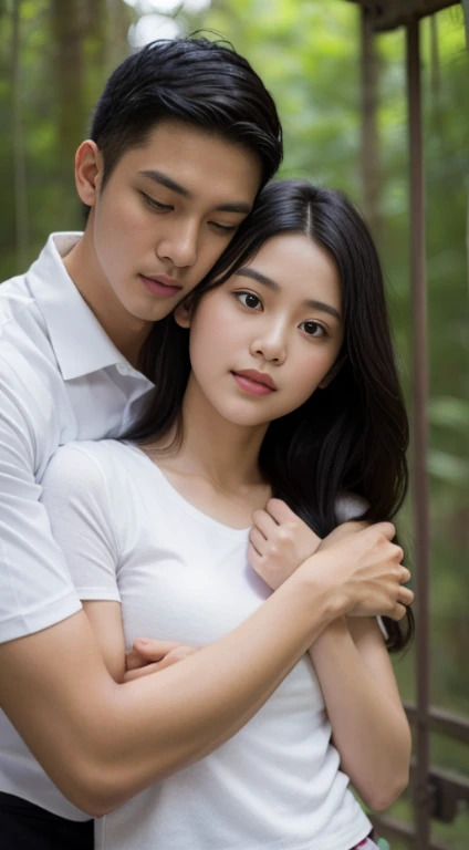 Romantic. Young indonesian Couple. both of them were wearing high school uniforms with white tops and gray bottoms, black nike shoes, (romantic lift hug). detail face. in the dark dense forest