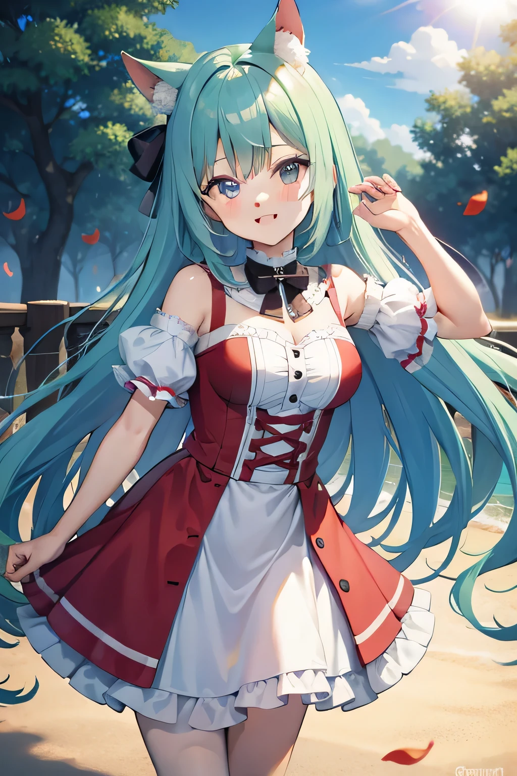 Park of autumn leaves The sun goes down Pretty girl Light blue long hair A charming smile Cute costumes Facing the front