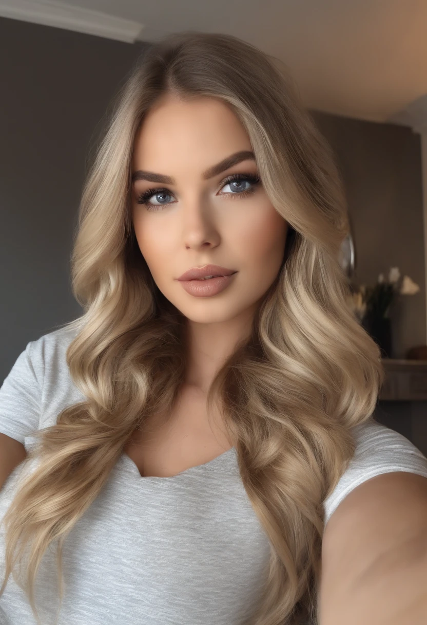 arafed femme pleinement , Fille sexy aux yeux bleus, ultra realistic, meticulously detailed, Portrait de Sophie Mudd, cheveux blonds et grands yeux, selfie d'une jeune femme, Yeux de chambre, Violette Myers, sans maquillage, Maquillage naturel, regarder directement la caméra, visage avec artgram, maquillage subtil, superbe photo de tout le corps à genoux sur le lit, dans la chambre, medium to large bust. européenne gros seins