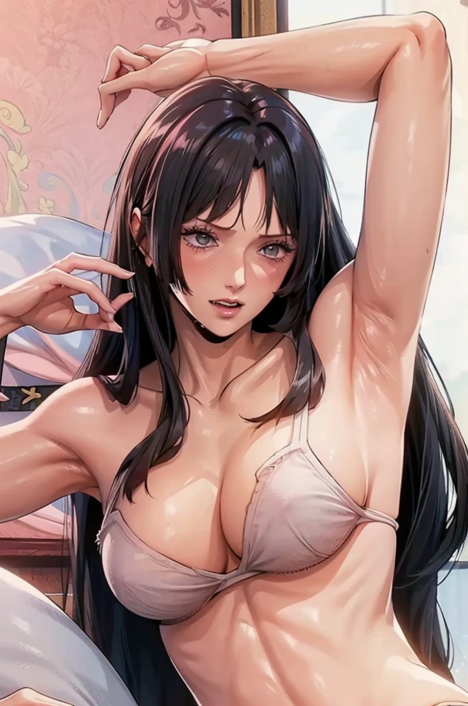 (((masterpiece))), (((best quality))), ((ultra-detailed)), (highly detailed CG illustration), Boa Hancock, (masterpiece:1.5), Detailed Photo, Sexy, (Best Quality: 1.4), (1girl), Beautiful Face, (Black Hair, long Hair: 1.3), Beautiful Hairstyle, beautiful detail eyes, (realistic skin), beautiful skin, absurd, attractive, ultra high resolution, high definition, (sexually aroused:1.5), Pinkish white skin, cool white light, sexy pose, Beautiful , white background, pink soft white light, Wear a white tank top, (sexy pink armpit:1.5)