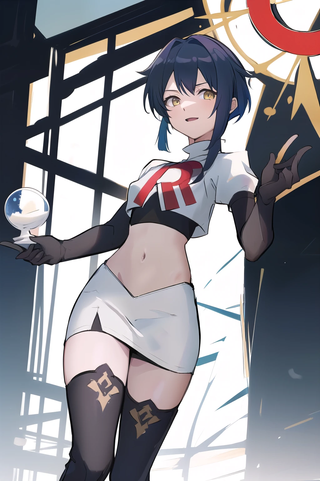 masterpiece, absurdres,genshin impact, Genshin Impact, game character, video game, (xingqiu),yellow eyes, short blue hair,male focus, trap, crossdressing,1boy,team rocket,team rocket uniform,white skirt,red letter R,crop top,black thigh-highs,black elbow gloves