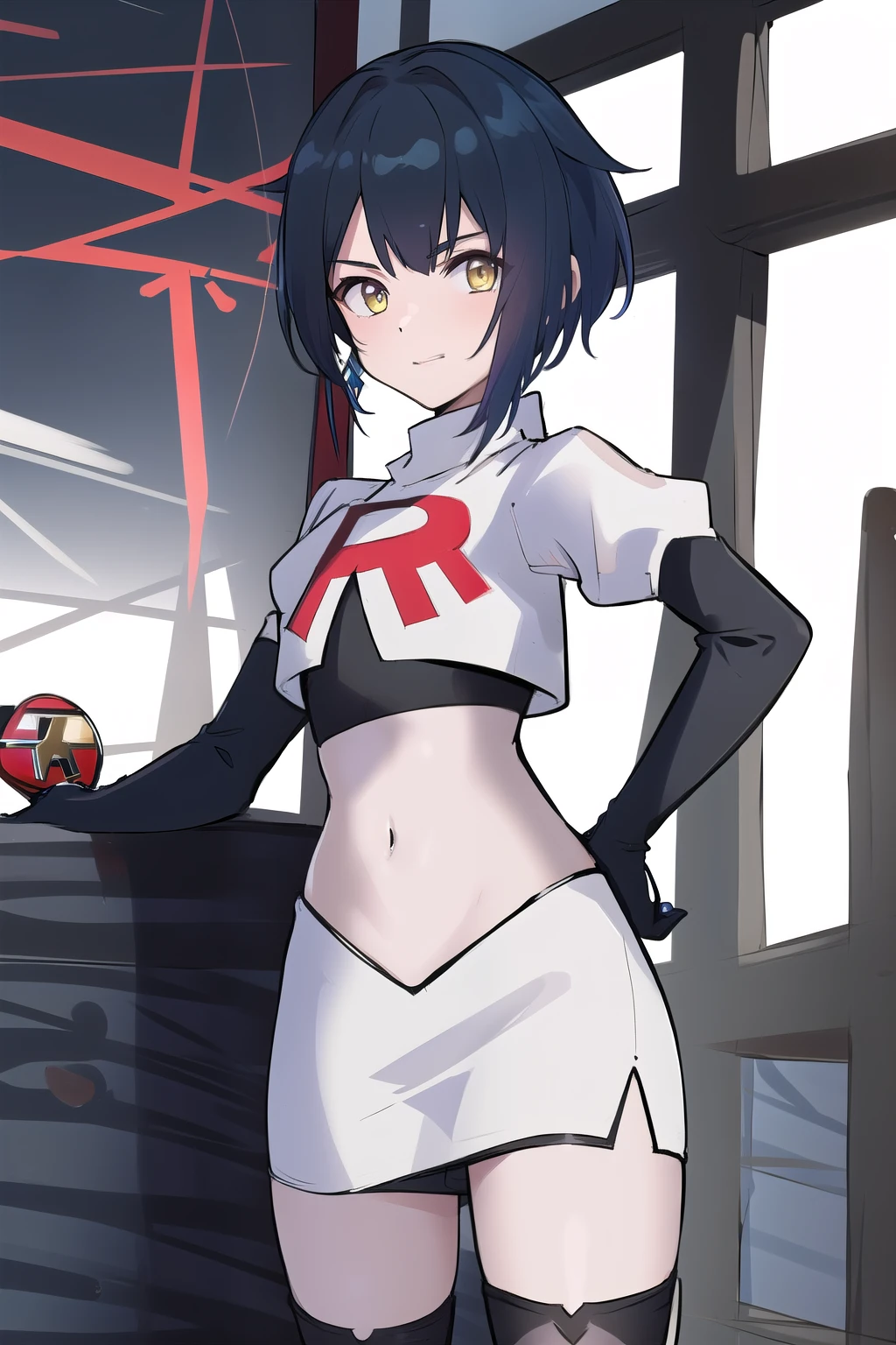 masterpiece, absurdres,genshin impact, Genshin Impact, game character, video game, (xingqiu),yellow eyes, short blue hair,male focus, trap, crossdressing,1boy,team rocket,team rocket uniform,white skirt,red letter R,crop top,black thigh-highs,black elbow gloves