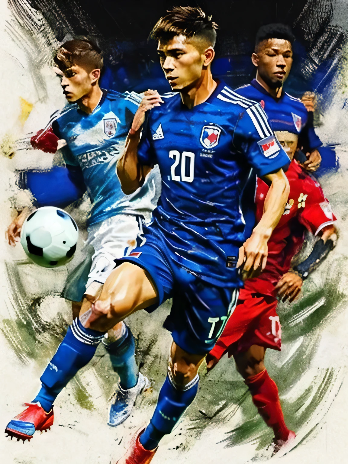 Homem Soccer Player face, style greg rutkowski realist, style anime, pique, , adidas uniform, team japan