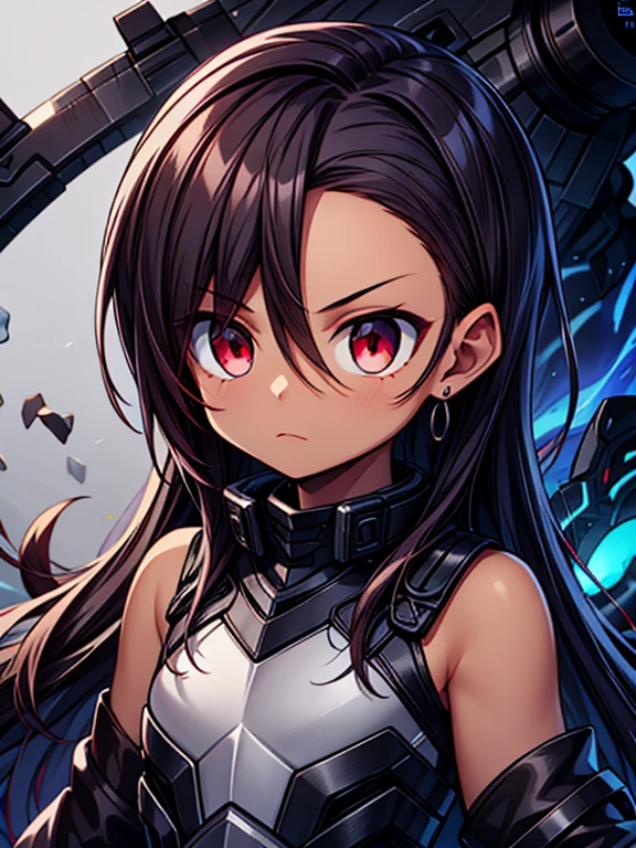 Masterpiece High res, high definition, (((dark skin tone))),dark skin male, dark skin, cute shota,red eyes, black hairpin, brown hair, medium dark brown hair,wearing a black exoskeleton, detached sleeves, black armoured Gauntlets, black tech jacket, black bodysuit,black exoskeleton, black fingerless gloves, blue gems, close up
