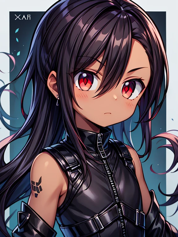 Masterpiece High res, high definition, (((dark skin tone))),dark skin male, dark skin, cute shota,red eyes, black hairpin, brown hair, medium dark brown hair,wearing a black exoskeleton, detached sleeves, black armoured Gauntlets, black tech jacket, black bodysuit,black exoskeleton, black fingerless gloves, blue gems, close up