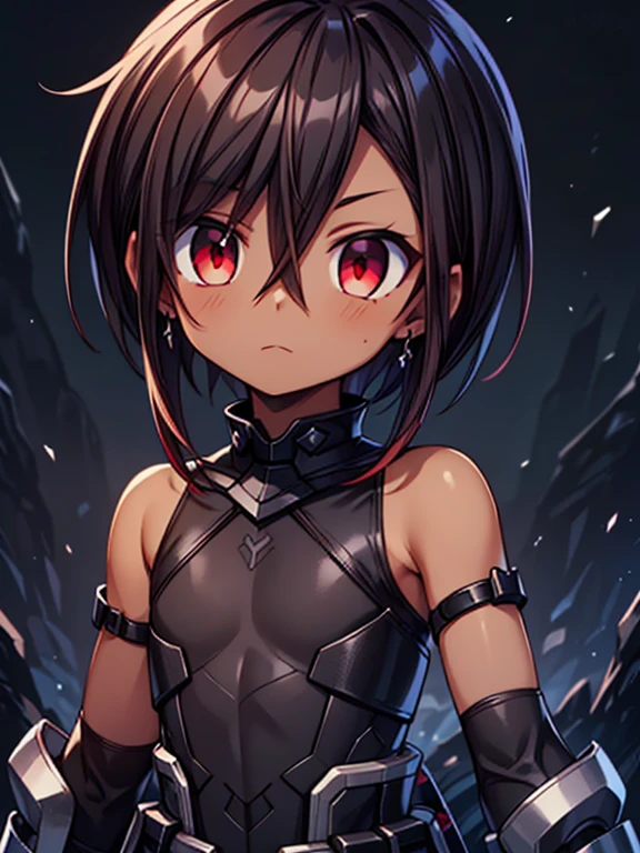 Masterpiece High res, high definition, (((dark skin tone))),dark skin male, dark skin, cute shota,red eyes, dark brown hair, medium dark brown hair,wearing a black exoskeleton, detached sleeves, black armoured Gauntlets, black tech jacket, black bodysuit,black exoskeleton, black fingerless gloves, blue gems, close up
