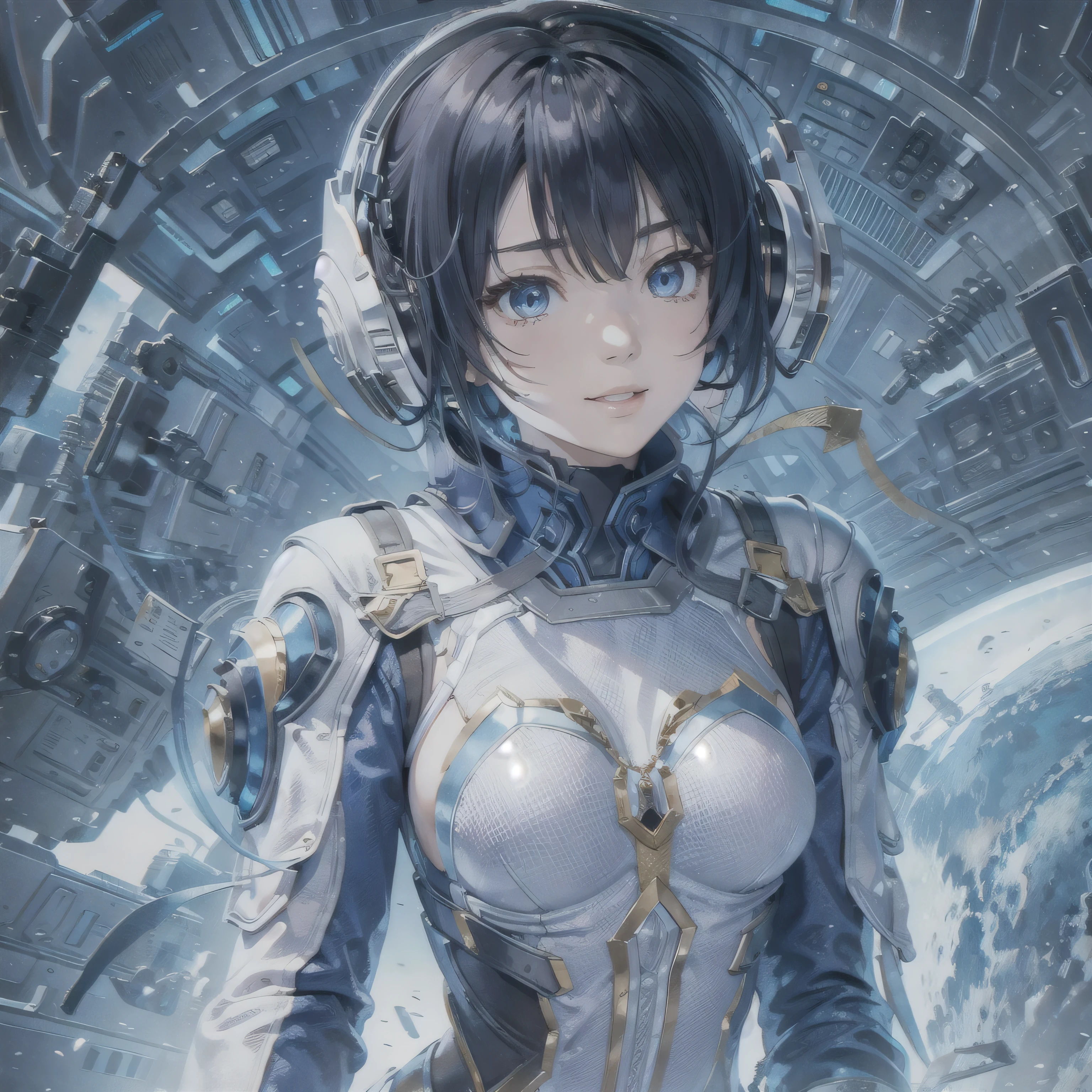 (masterpiece、highest quality、Highest Resolution、Clear_image、Detailed details、Angle from above): (Whole body、One 20 year old girl、Japanese Faces、Small Face、Slender、Navy blue super short bob cut hair、(Hidden small breasts:1.3)、Sparkling blue eyes、Shiny pilot suit in blue and black colors、Chest protection armor、Tight fitting clothes、Clothing that covers the whole body、Glamorous clothes、Tight Fit Pants、Hide your skin、Very delicate and beautiful、Detailed Skin、hide thighs、Hide your ass、Cute、A gentle smile、Soft expression、heroine、headset、Knee-high boots、Elbow-length gloves、Eye Level Shot、Face directly、Woman on a spaceship)