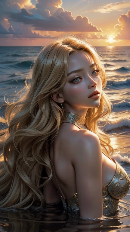 ultra-realistic, 1girl, blonde hair, nude, purple eyes, glowing eyes, parted lips, blush, night, flowers, sun, sunlight, Standing on the beach