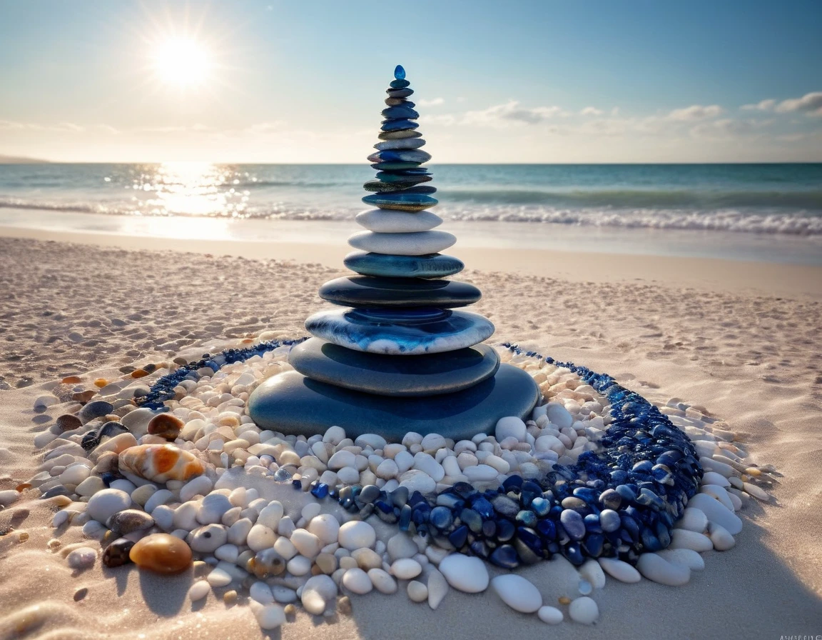 Close-up of a majestic beachscape on white sand, a meticulously constructed tower of pebbles, adorned with minerals and agates, crowned by an indigo-hued agate, a single wave crests with foam and sun glare in frame,  shells,  casting sharp, crisp shadows, octane rendering, nominated for 35awards, sharp shadows, vivid colors, ultra realistic., unusual beauty, cinematic. 32k, ultra-clear, digital render High Resolution, High Quality, Masterpiece