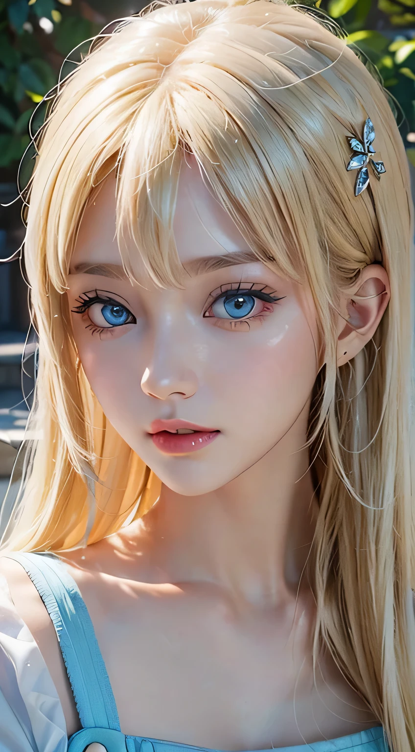(a closeup:1.4)、(RAW shooting:1.2)、(Photorealsitic:1.4)、(​masterpiece:1.3)、(top-quality:1.4)、bright expression、very beautiful blonde girl、extraordinary blonde beauty、Detailed cute and beautiful face、Beautiful bangs、Glowing white shiny skin、Flow of hair that extends to the face、Bangs between the eyes、Super long blonde hair、Attractive bright platinum blonde super long straight silky hainer hair、Attractive glowing beautiful bright clear light blue big eyes、White Apron、Yellow dress、eye liner、Double eyelids、Lush bust、The upper part of the body、Gloss Face、Teak Gloss、