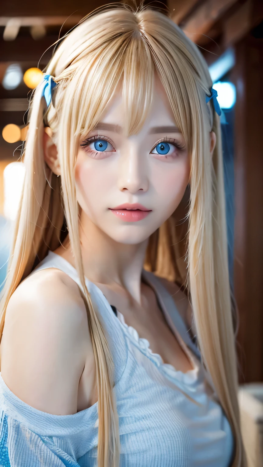 highest quality、Ultra-high resolution、(Photorealistic:1.4)、(ulzzang-6500:1.0)、Blonde super long straight silky hair、Very beautiful bright and shining pale sky blue big eyes、bangs over eyes、