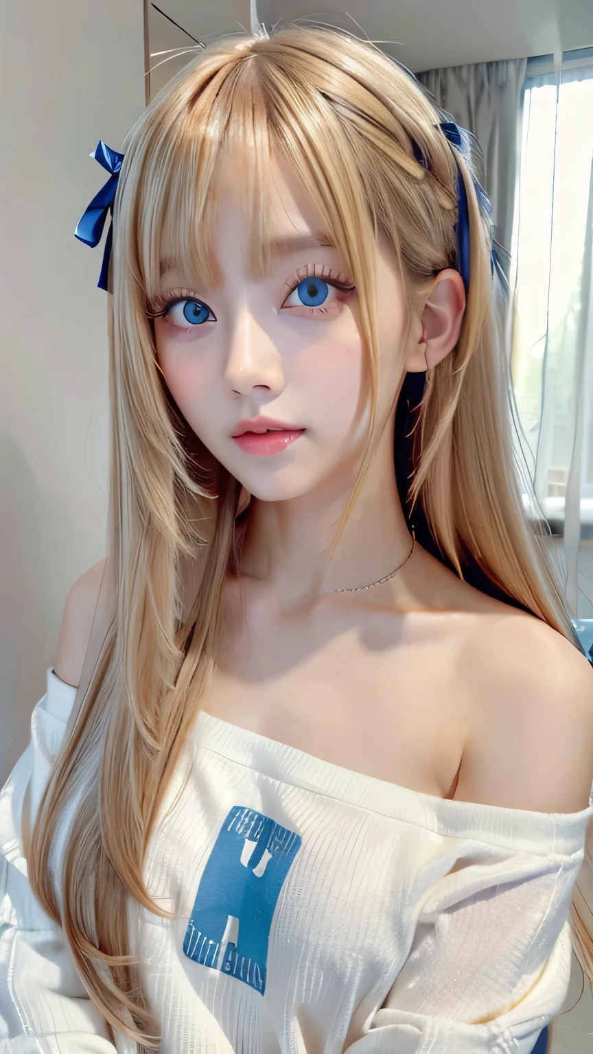 highest quality、Ultra-high resolution、(Photorealistic:1.4)、(ulzzang-6500:1.0)、Blonde super long straight silky hair、Very beautiful bright and shining pale sky blue big eyes、bangs over eyes、