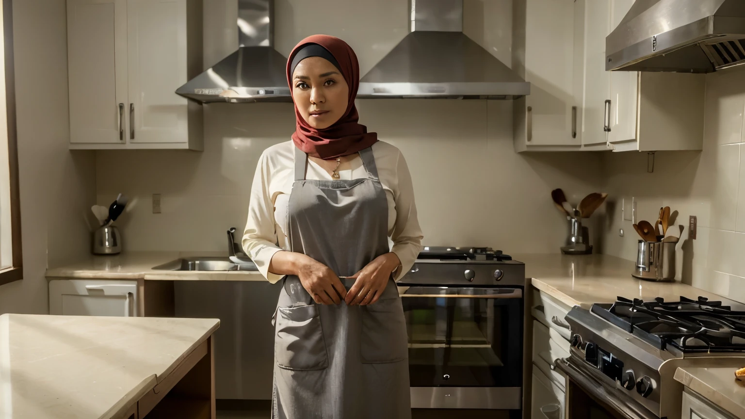(Best quality, 8k, masterpiece: 1.3), 50 years old, a beautiful mature woman with perfect figure: 1.4, Indonesian Woman, Wear Hijab, wearing a pendant, wearing an apron, in the kitchen, highly detailed face and skin, detailed eyes, double eyelids, big breasts, standing near kitchen table, full body