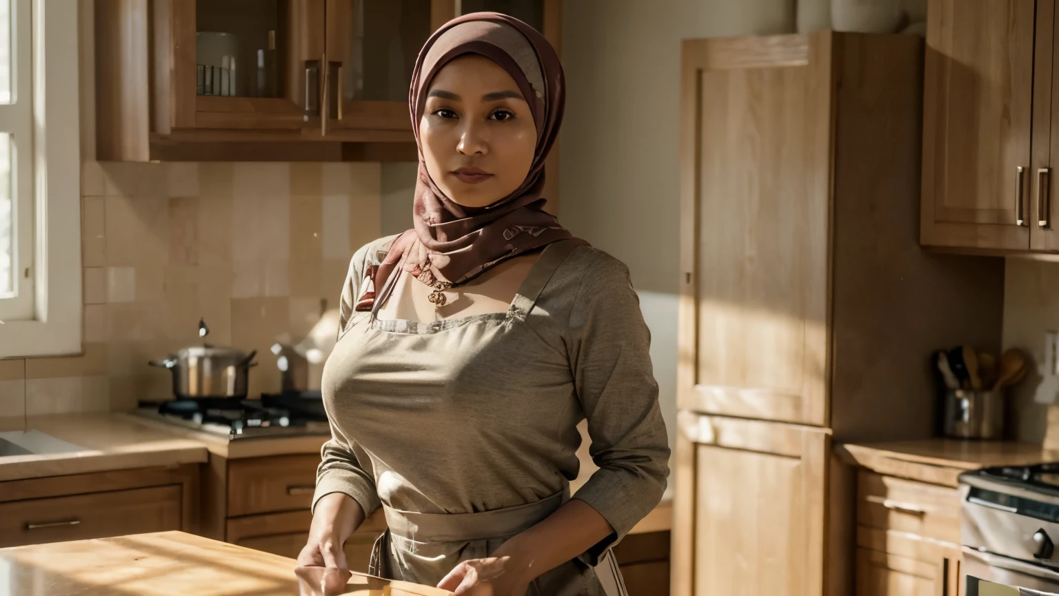 (Best quality, 8k, masterpiece: 1.3), 50 years old, a beautiful mature woman with perfect figure: 1.4, Indonesian Woman, Wear Hijab, wearing a pendant, wearing an apron, in the kitchen, highly detailed face and skin, detailed eyes, double eyelids, big breasts, standing near kitchen table, full body