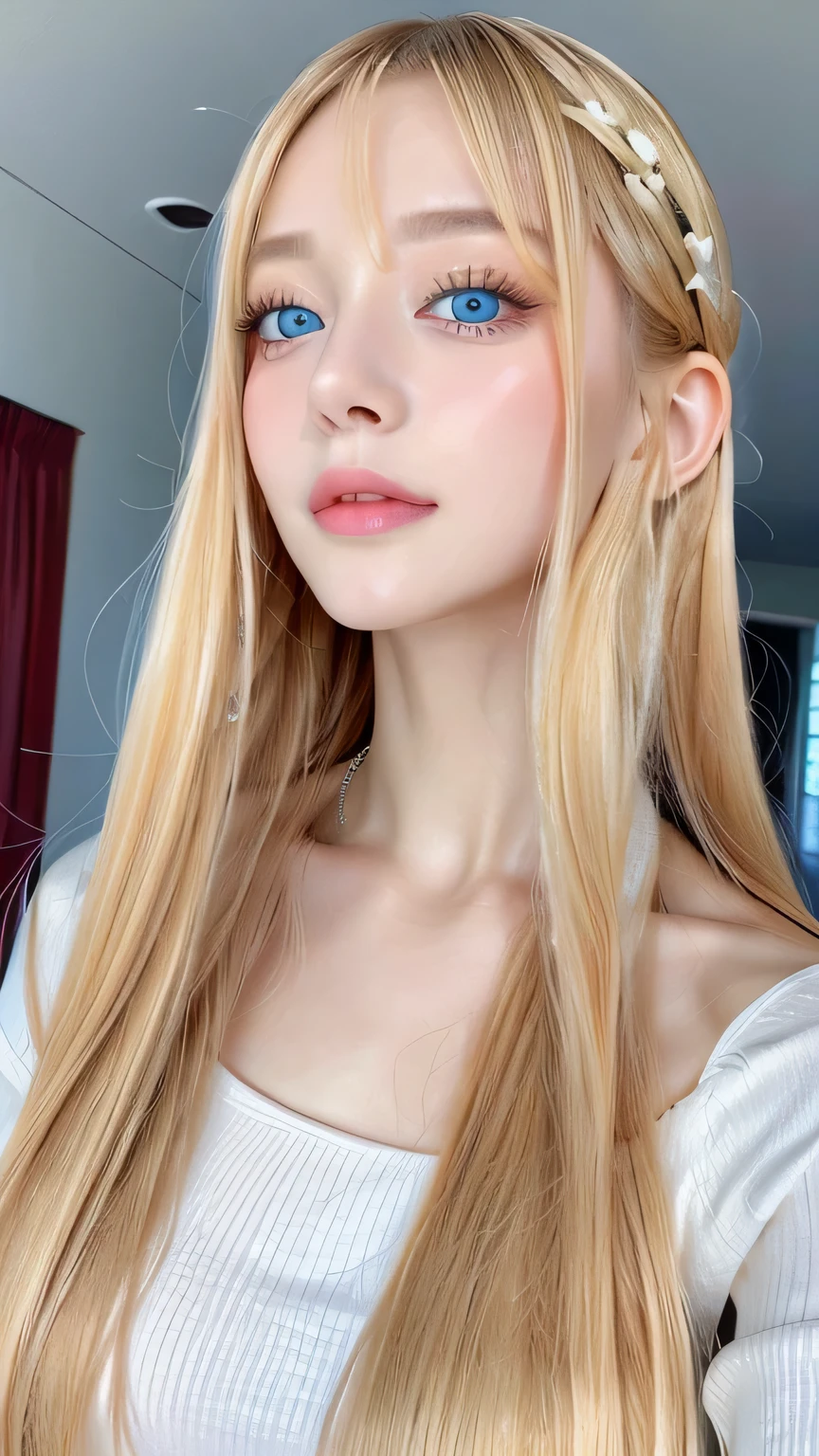 highest quality、Ultra-high resolution、(Photorealistic:1.4)、(ulzzang-6500:1.0)、Blonde super long straight silky hair、Very beautiful bright and shining pale sky blue big eyes、bangs over eyes、