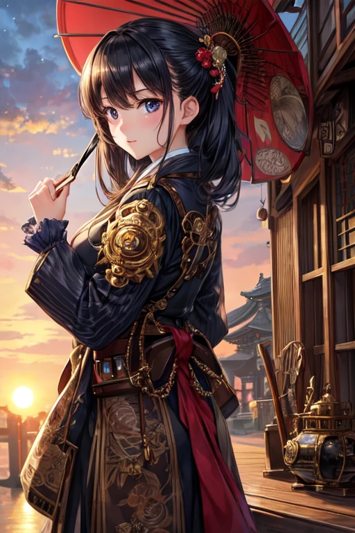 masterpiece、8k、32k、highest quality、(Detailed eyes)、(Cute Japanese Woman、Bans)、18-year-old、One Girl、elegant、(Detailed background depiction)、look back、Hilarious, steampunk、clear、dark light