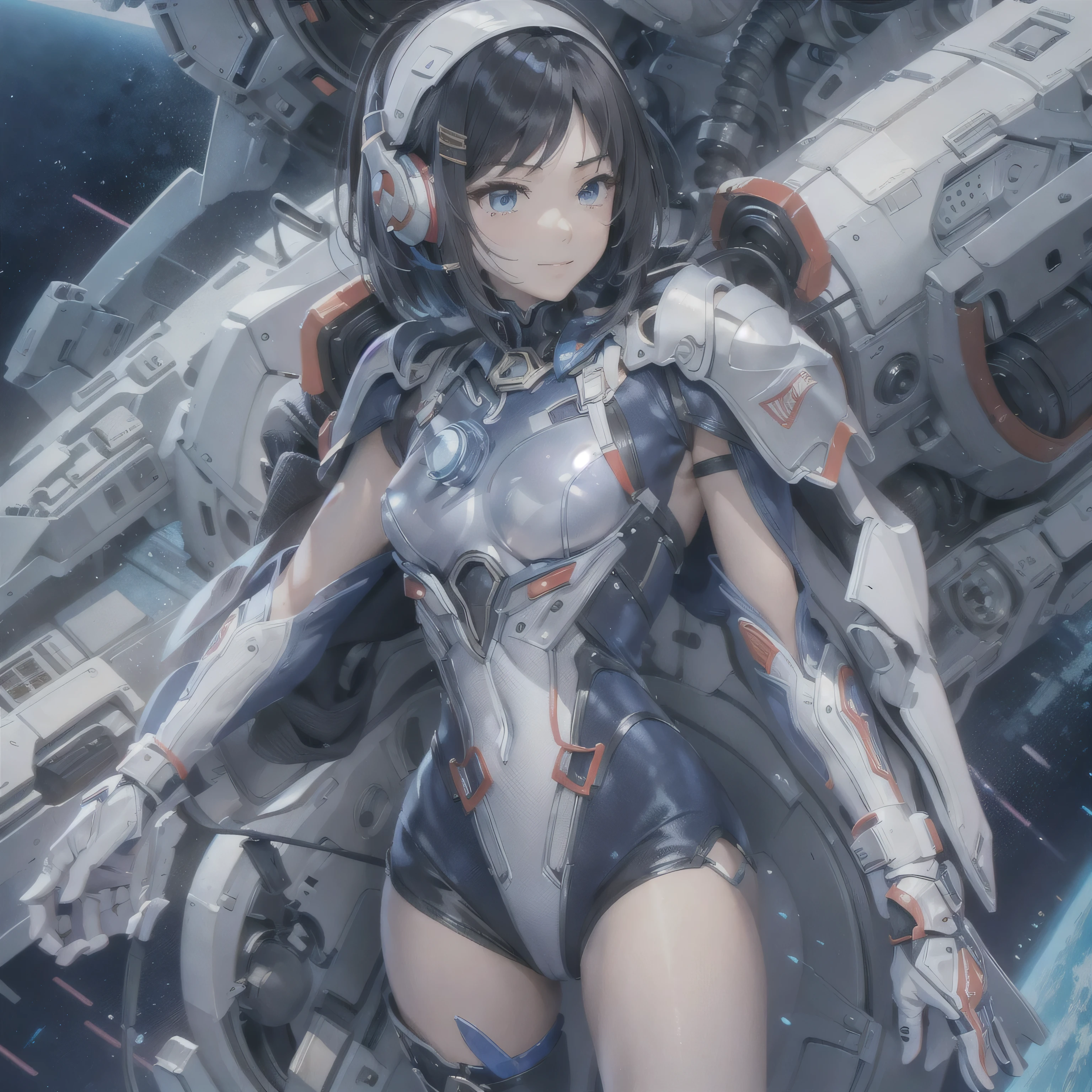 (masterpiece、highest quality、Highest Resolution、Clear_image、Detailed details、Angle from above): (Whole body、One 20 year old girl、Japanese Faces、Small Face、Slender、Navy blue super short bob cut hair、(Hidden small breasts:1.3)、Sparkling blue eyes、Shiny pilot suit in blue and black colors、Chest protection armor、Tight fitting clothes、Clothing that covers the whole body、Glamorous clothes、Tight Fit Pants、Hide your skin、Very delicate and beautiful、Detailed Skin、hide thighs、Hide your ass、Cute、A gentle smile、Soft expression、heroine、headset、Knee-high boots、Elbow-length gloves、Eye Level Shot、Face directly、Woman on a spaceship)