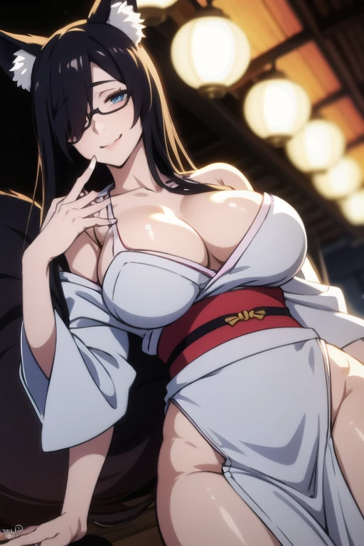 mature women,milf,large breast,beautiful face,long hair, shiny hair, blue eyes,high detailed,black hair, hair over one eye,masterpiece,perfect anatomy,deep cleveage,kimono,fox ears,fox tails,sexy smile,temple night,glasses,