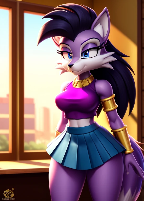 Masterpiece, high quality, studio quality, intricate details, 4k, 1girl, Lupe the Wolf, medium breasts, crop top, pleated skirt, in a classroom, ((best quality)), ((masterpiece)), (detailed)