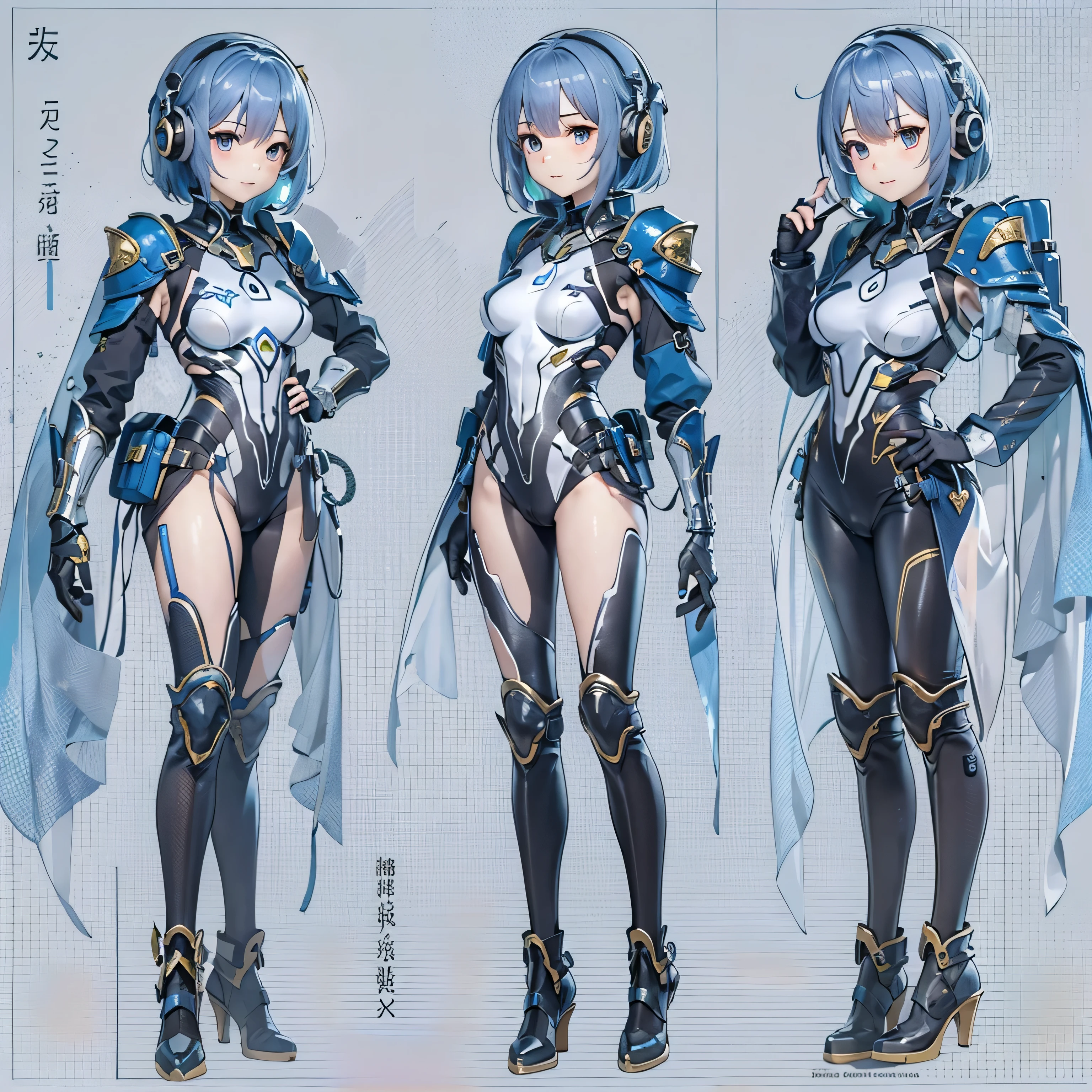 (masterpiece、highest quality、Highest Resolution、Clear_image、Detailed details、Angle from above): (Whole body、One 20 year old girl、Japanese Faces、Small Face、Slender、Navy blue super short bob cut hair、(Hidden small breasts:1.3)、Sparkling blue eyes、Shiny pilot suit in blue and black colors、Chest protection armor、Tight fitting clothes、Clothing that covers the whole body、Glamorous clothes、Tight Fit Pants、Hide your skin、Very delicate and beautiful、Detailed Skin、hide thighs、Hide your ass、Cute、A gentle smile、Soft expression、heroine、headset、Knee-high boots、Elbow-length gloves、Eye Level Shot、Face directly、Woman on a spaceship)