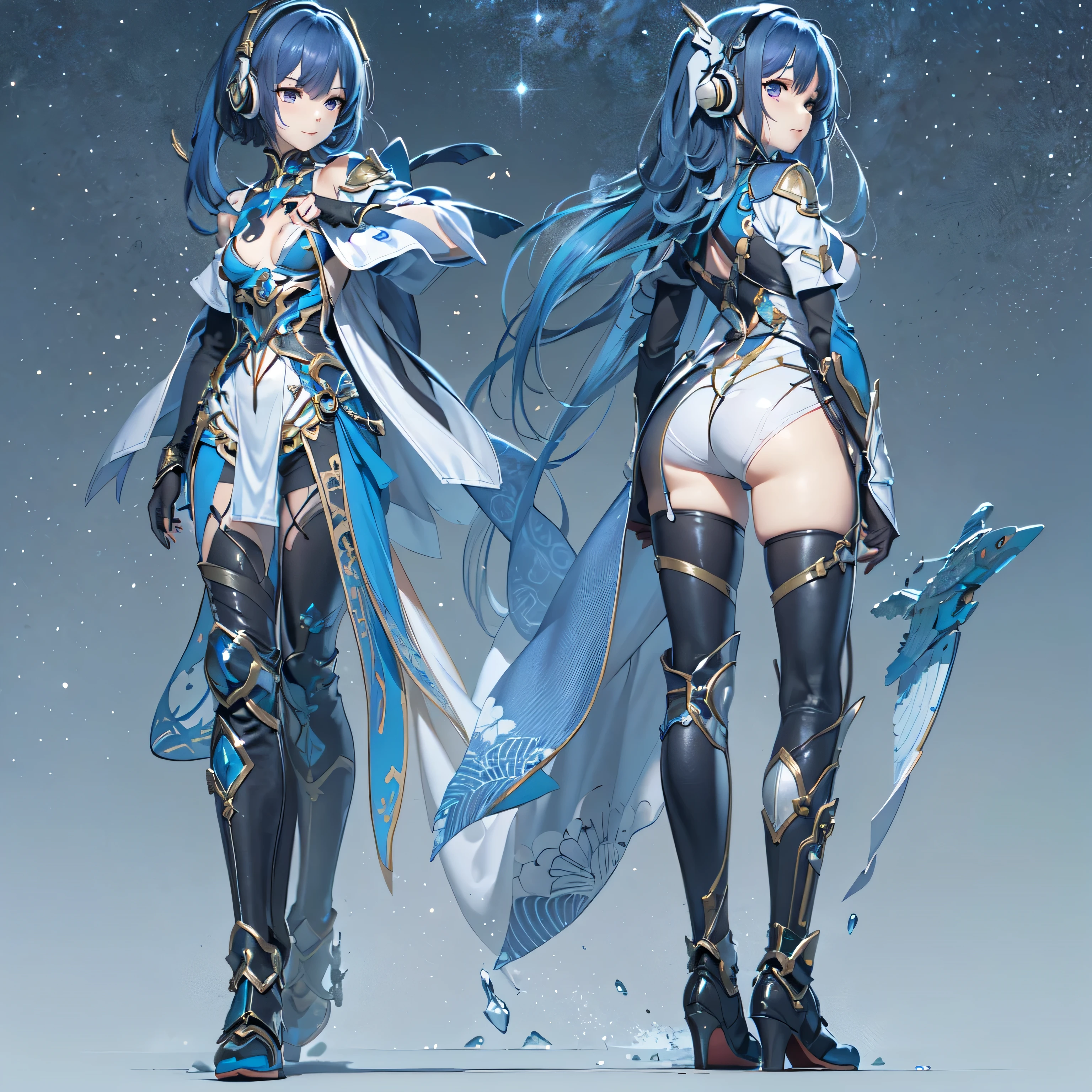 (masterpiece、highest quality、Highest Resolution、Clear_image、Detailed details、Angle from above): (Whole body、One 20 year old girl、Japanese Faces、Small Face、Slender、Navy blue super short bob cut hair、(Hidden small breasts:1.3)、Sparkling blue eyes、Shiny pilot suit in blue and black colors、Chest protection armor、Tight fitting clothes、Clothing that covers the whole body、Glamorous clothes、Tight Fit Pants、Hide your skin、Very delicate and beautiful、Detailed Skin、hide thighs、Hide your ass、Cute、A gentle smile、Soft expression、heroine、headset、Knee-high boots、Elbow-length gloves、Eye Level Shot、Face directly、Woman on a spaceship)