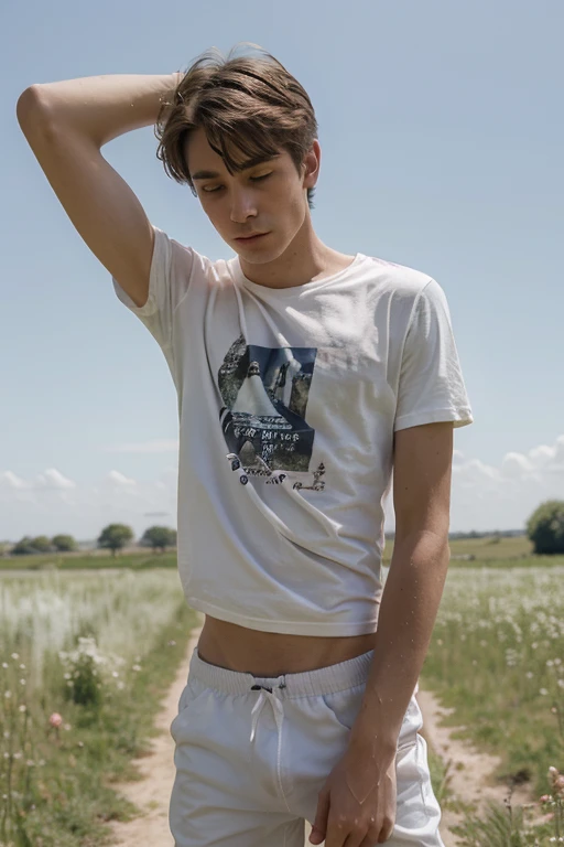 Un homme twink de 19 ans d'1m74 assez fin aux cheveux roses. Il porte un t-shirt blanc très ample et se balade dans les champs. Il regarde vers l'horizon.