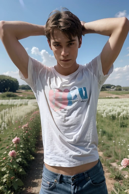 Un homme twink de 19 ans d'1m74 assez fin aux cheveux roses. Il porte un t-shirt blanc très ample et se balade dans les champs. Il regarde vers l'horizon.
