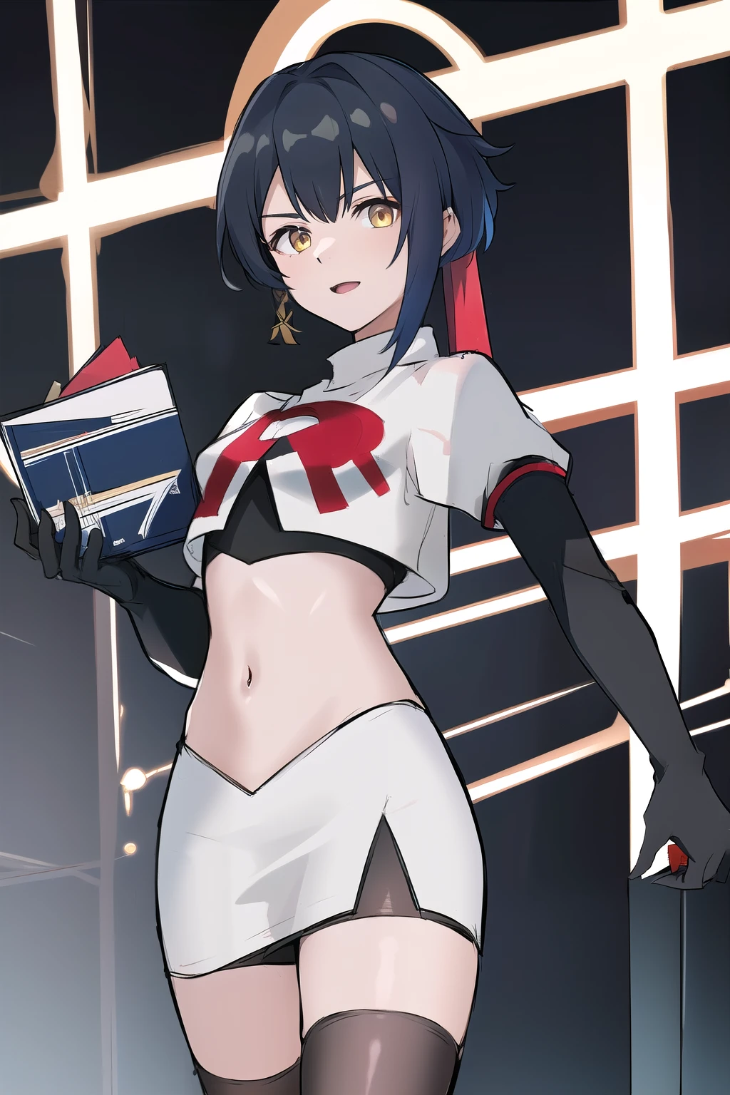 masterpiece, absurdres,genshin impact, Genshin Impact, game character, video game, (xingqiu),yellow eyes, short blue hair,male focus, trap, crossdressing,1boy,team rocket,team rocket uniform,white skirt,red letter R,crop top,black thigh-highs,black elbow gloves