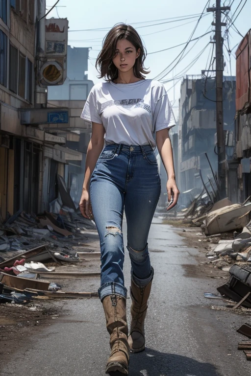 woman dressed in worn blue jeans with a dirty white t-shirt and military boots, walking through an apocalyptic wasteland seeing a destroyed megalopolis in the distance