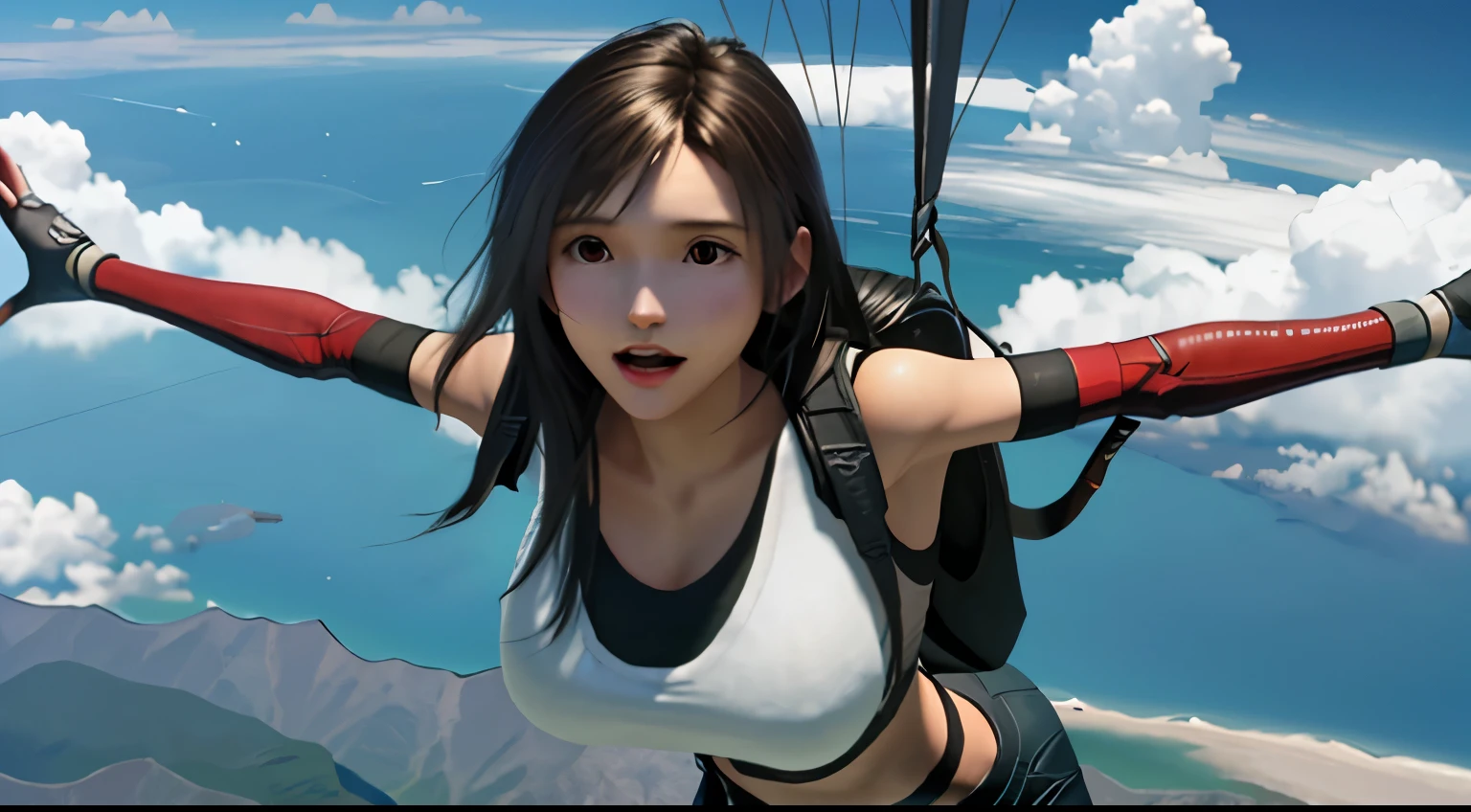 Nsfw, Masterpiece, best quality, 1 girl, solo, brunette hair, big breast, no bra, no jacket, carrying parachute backpack, jump from a plane, skydiving, modern,