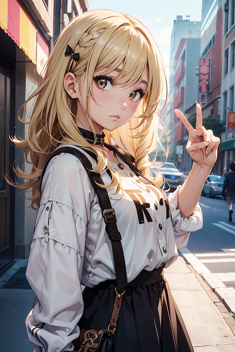 ((1 girl)), Latest Trends in Clothing, peace sign, snap shot, Traveler, Street fashion,Cowboy Shot,((Very detailed,highest quality, High resolution, 8k wallpaper, Beautiful clothes,)),((Blonde Hair, Middle Hair, Ringlet)), (Brown Eyes),eye shadow, eyeliner,Glow Eye, Very detailedな目, Beautiful Eyes, ((輝くBrown Eyes)),18-year-old girl