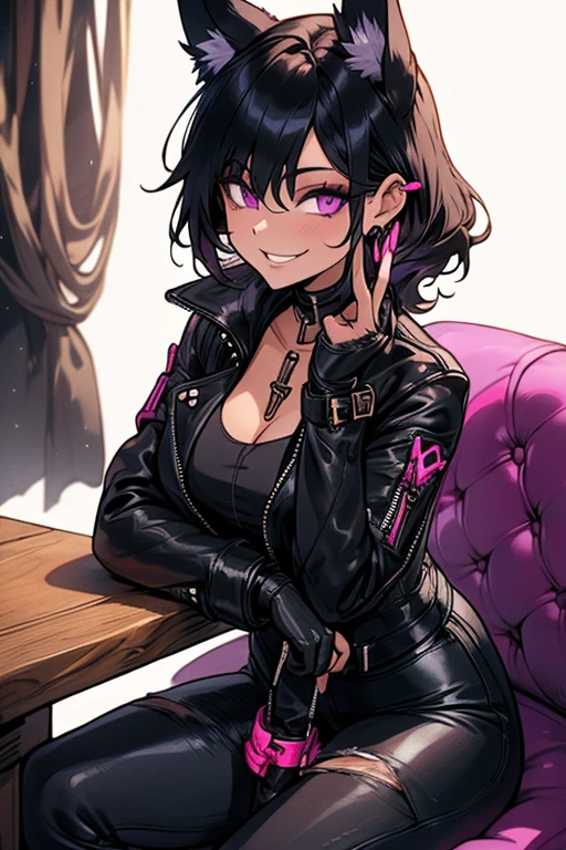 A black haired woman with purple eyes and an hourglass figure with black fox ears and a black fox tail in a cool leather jacket and jean outfit is smiling while sitting at a table