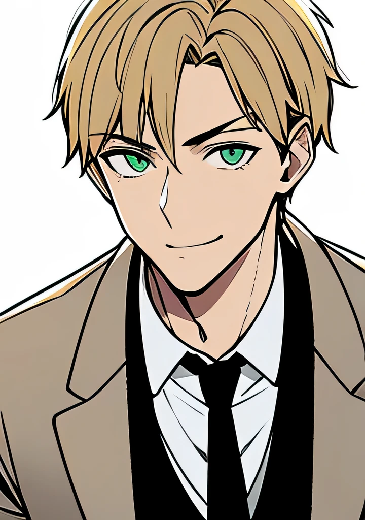 One young Adult male, brownish tanned skin, handsome, dirty blonde short hair, green eyes, confident yet kind expression, smug smile, wearing white collared shirt and black jacket, portrait style, facing forwards, plain grey background 