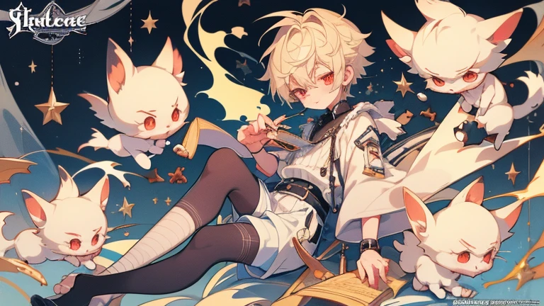 One boy, Shota, , Jersey, White shorts, Light blue , blonde, Red eyes, high quality, High resolution, fluffy jacket black fishnet tights cool and cute cigarette smoke Prince Shota luxury garter belt character design baggy socks energetic curtain anime illustration