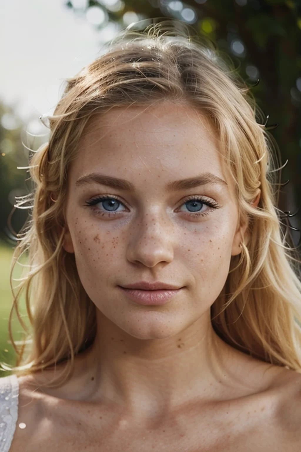 beautiful blond scandinave lady, (very smooth freckles on the nose), little and fine nose, smile, blue hazel eyes, luscious little mouth, dark makeup, hyperdetailed photography, soft light, head and shoulders portrait, cover, face on camera