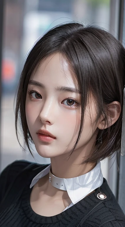 realistic, table top, highest quality, RAW photo, 1 girl, alone, Handsome shorthair, detailed face, fascinating face, Black shirt with collar, medium breasts, dynamic pose, looking at the viewer, from below, detailed background, Detailed, intricate details,  ray tracing, Depth of bounds written, low key, nffsw