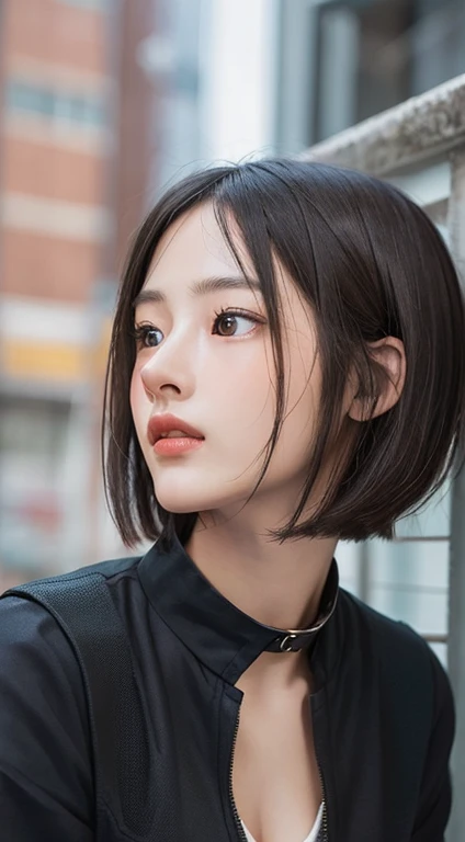 realistic, table top, highest quality, RAW photo, 1 girl, alone, Handsome shorthair, detailed face, fascinating face, Black shirt with collar, medium breasts, dynamic pose, looking at the viewer, from below, detailed background, Detailed, intricate details, ray tracing, Depth of bounds written, low key, nffsw