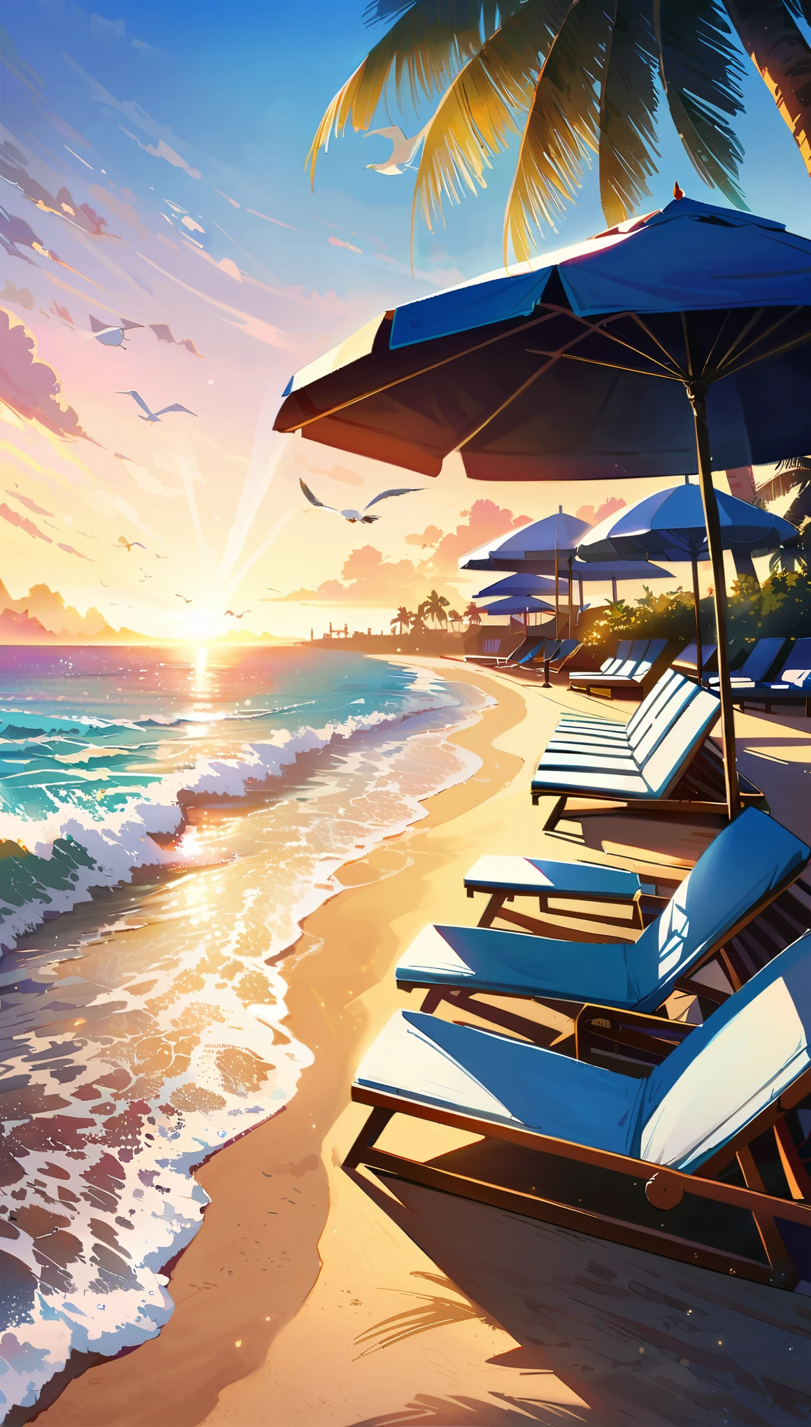 sandy beach, gentle sea breeze, palm trees, luxurious beach chairs, refreshing cocktails, vibrant beach umbrellas, crystal clear sky, seagulls flying overhead, distant sailboats, serene and tranquil atmosphere, stunning sunset over the horizon, high-quality 4k resolution, vibrant colors, realistic and detailed texture, professional photography style, Blue coast, expensive resort, beautiful and well-maintained beach, clear blue water, beautiful woman sunbathing,