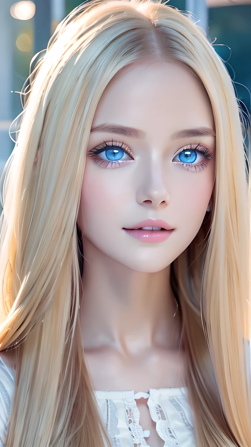highest quality、Ultra-high resolution、(Photorealistic:1.4)、(ulzzang-6500:1.0)、Blonde super long straight silky hair、Very beautiful bright and shining pale sky blue big eyes、bangs over eyes、