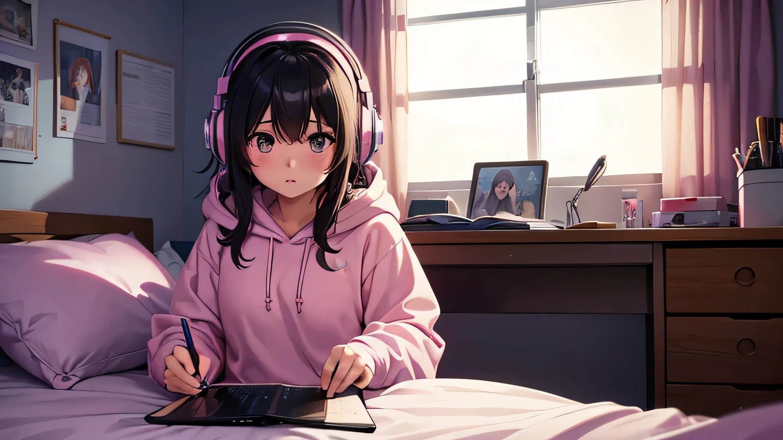 ((best quality)), ((masterpiece)), (detailed), Girl with long black hair ,Anime,pink hoodie, headphones on head, sitting on gaming chair, wearing a cap with letter (y)