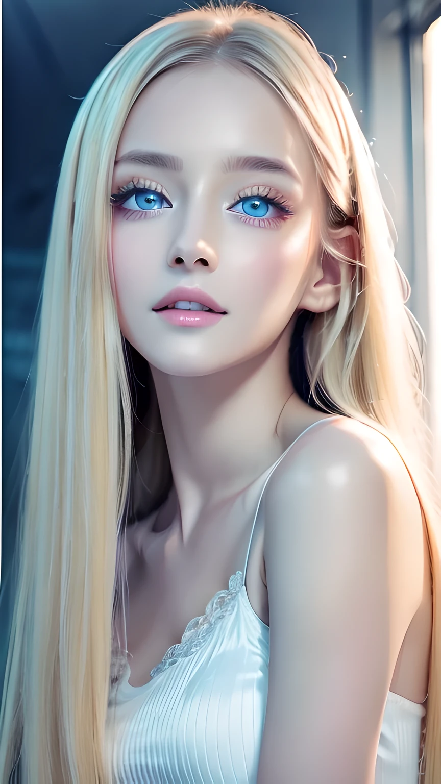 highest quality、Ultra-high resolution、(Photorealistic:1.4)、(ulzzang-6500:1.0)、Blonde super long straight silky hair、Very beautiful bright and shining pale sky blue big eyes、bangs over eyes、