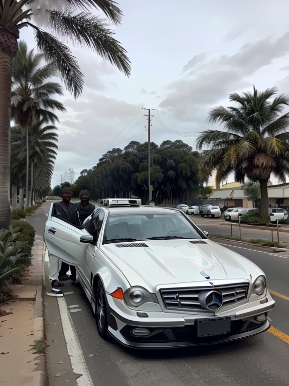 Alafia stopped near a palm tree on the roadside., 🚿🗝📝, Mercedes, Street view, With sports rim 17, Tires 215, reduce, With chrome exhaust pipe, dark windows, There's a horse painted on the hood, high resolution