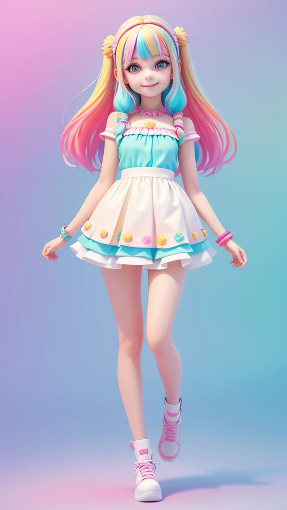 (Masterpiece), (Best Quality), (Ultra-detailed), (Full Body: 1.2) Girl, Light and Detailed, Clear Smile, Full Body, :3, Multicolored, Short, Long, Modern Hair, Modern Accessories, Pastel Background, Colorful and Simple.
