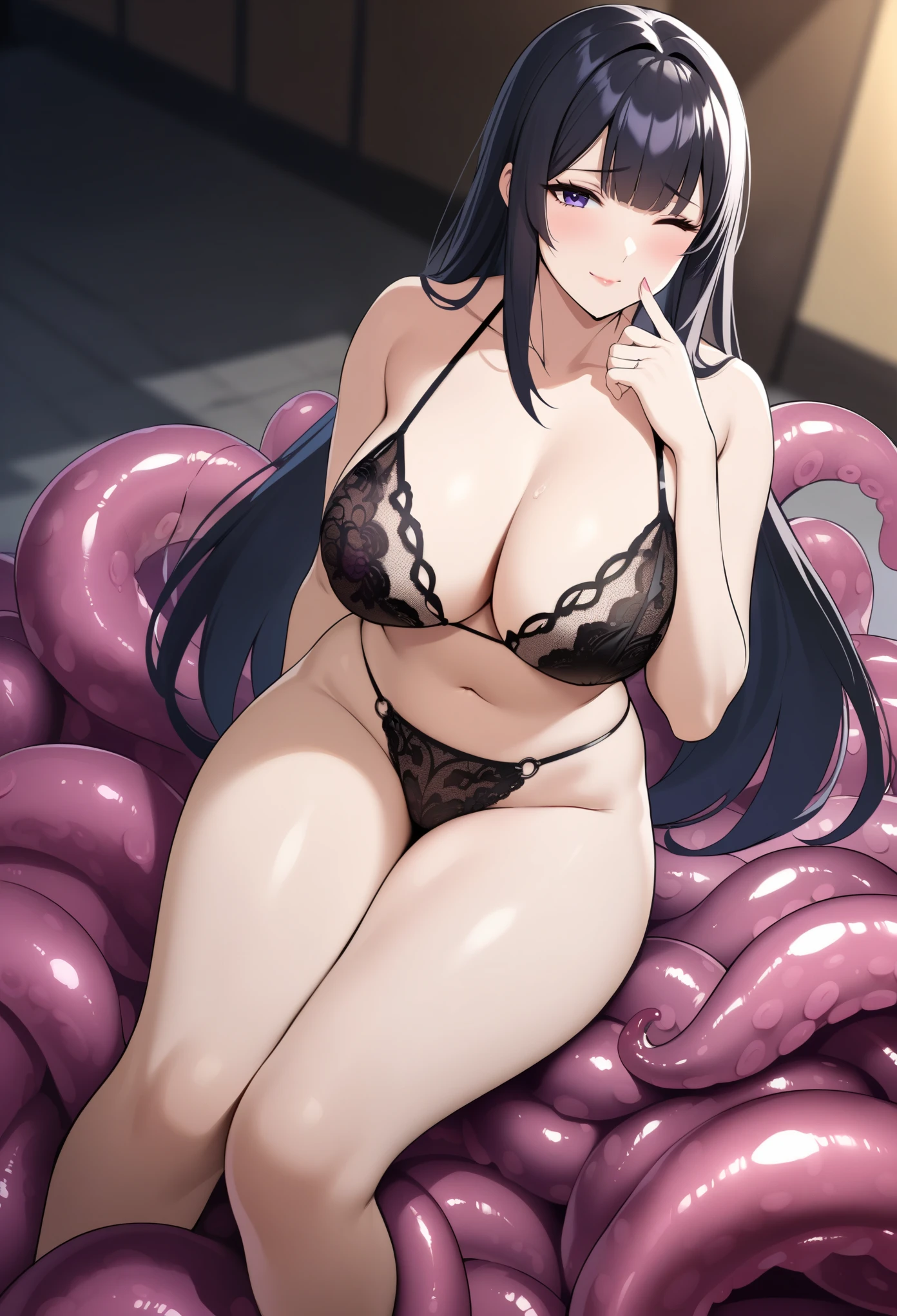 Top image quality，顶级Animation质量，Animation，HD，masterpiece，best quality，Solo，close up，A woman，(extremely detailed black hair)，(Sitting on a dense mass of tentacles)，Crossing your legs，only lace Bikini，(detailed long hair)，close one eye，light smile，Place a finger to your mouth，very obscene，very sexy，(Smooth tentacles fill the background，(smooth tentacles inside background))，Depth of Field，cinematic shadow，(dark feeling)