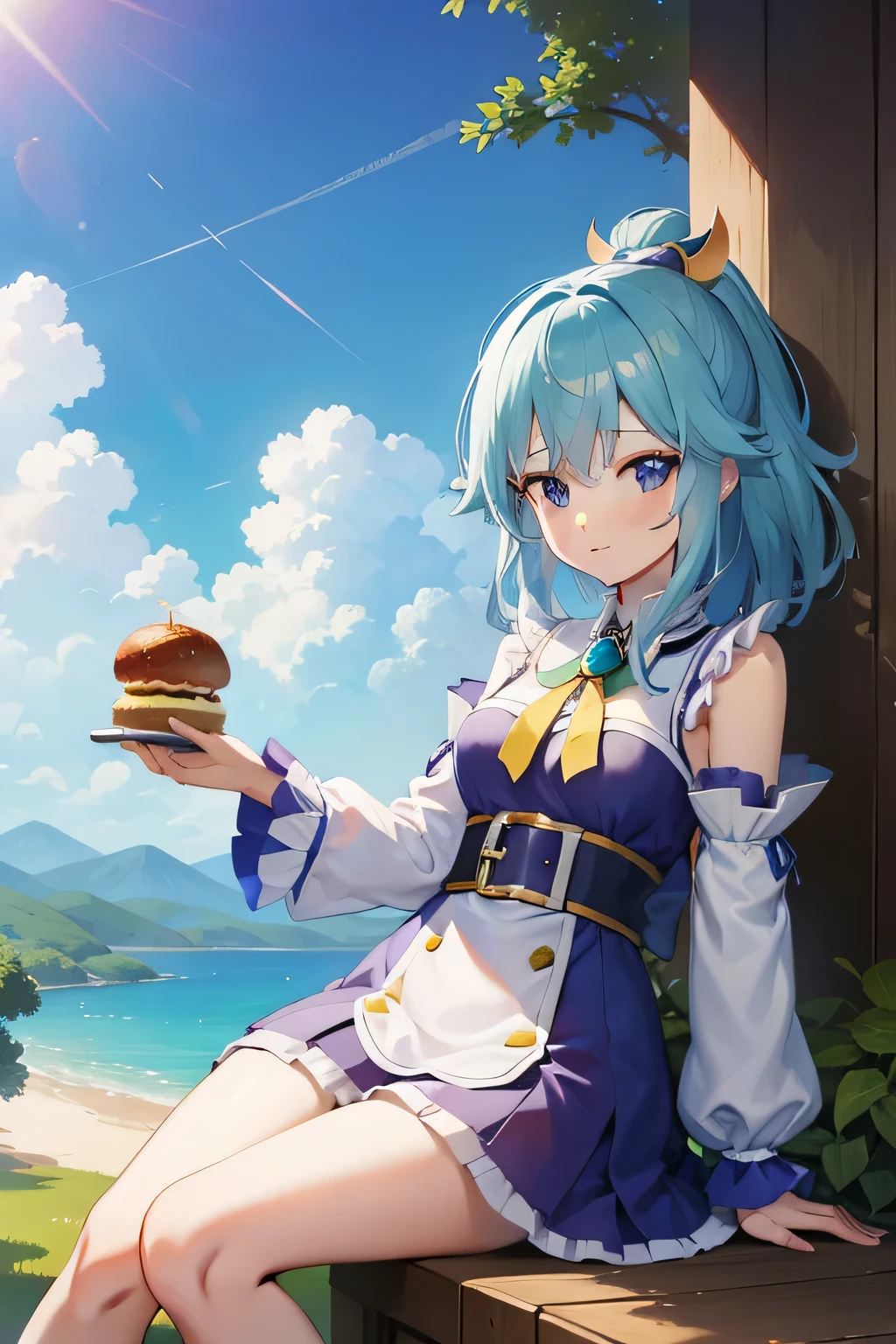 ​masterpiece, top-quality, Princess_aqua_Konosuba, White and purple dress, blue eyes, blue hairs, standingn, (borgar: 1.1), ​​clouds, and yellow ginkgo trees