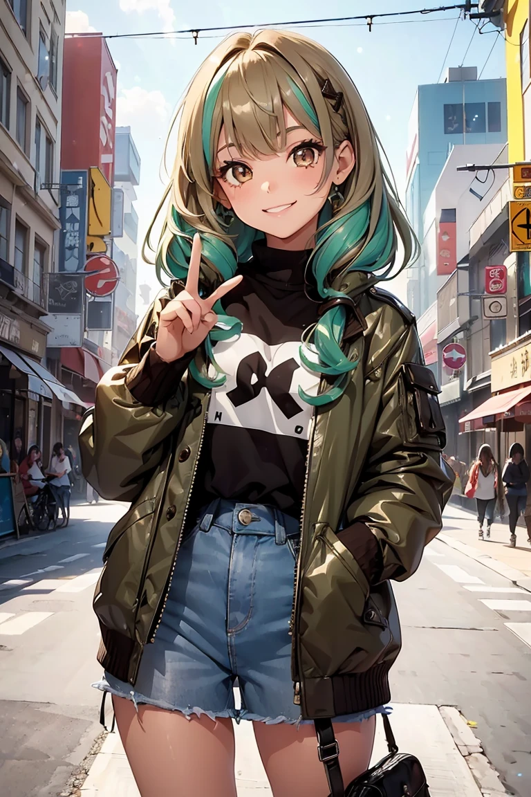 ((1 girl)), Latest Trends in Clothing, peace sign, snap shot, A big smile, Traveler, Street fashion,Cowboy Shot,((Very detailed,highest quality, High resolution, 8k wallpaper, Beautiful clothes,)),((Ash green hair, Gradient Hair, Middle Hair)), Ringlet,eye shadow, ((eyeliner)),Glow Eye, Very detailedな目, Beautiful Eyes, ((Sparkling brown eyes)),18-year-old girl