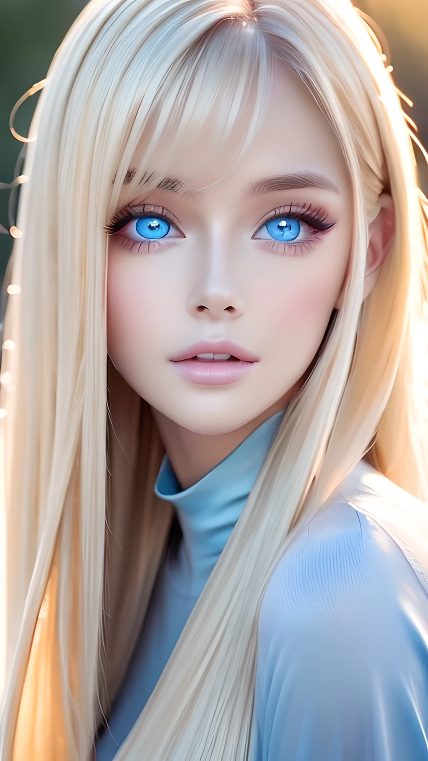 highest quality、Ultra-high resolution、(Photorealistic:1.4)、(ulzzang-6500:1.0)、Blonde super long straight silky hair、Very beautiful bright and shining pale sky blue big eyes、bangs over eyes、