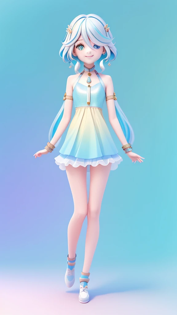 (Masterpiece), (Best Quality), (Ultra-detailed), (Full Body: 1.2) Teen Girl, Light and Detailed, Clear Smile, Full Body, :3, Multicolored, Short, Long, Modern Hair, Modern Accessories, Pastel Background, Colorful and Simple.