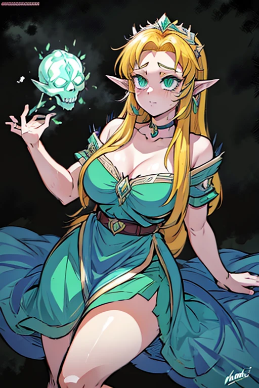 princesa zelda, tatuagem de cobra, olhos azuis, plano de fundo: floresta mal iluminada iluminada, High definition, obra de arte, orelhas pequenas, green skull in hand