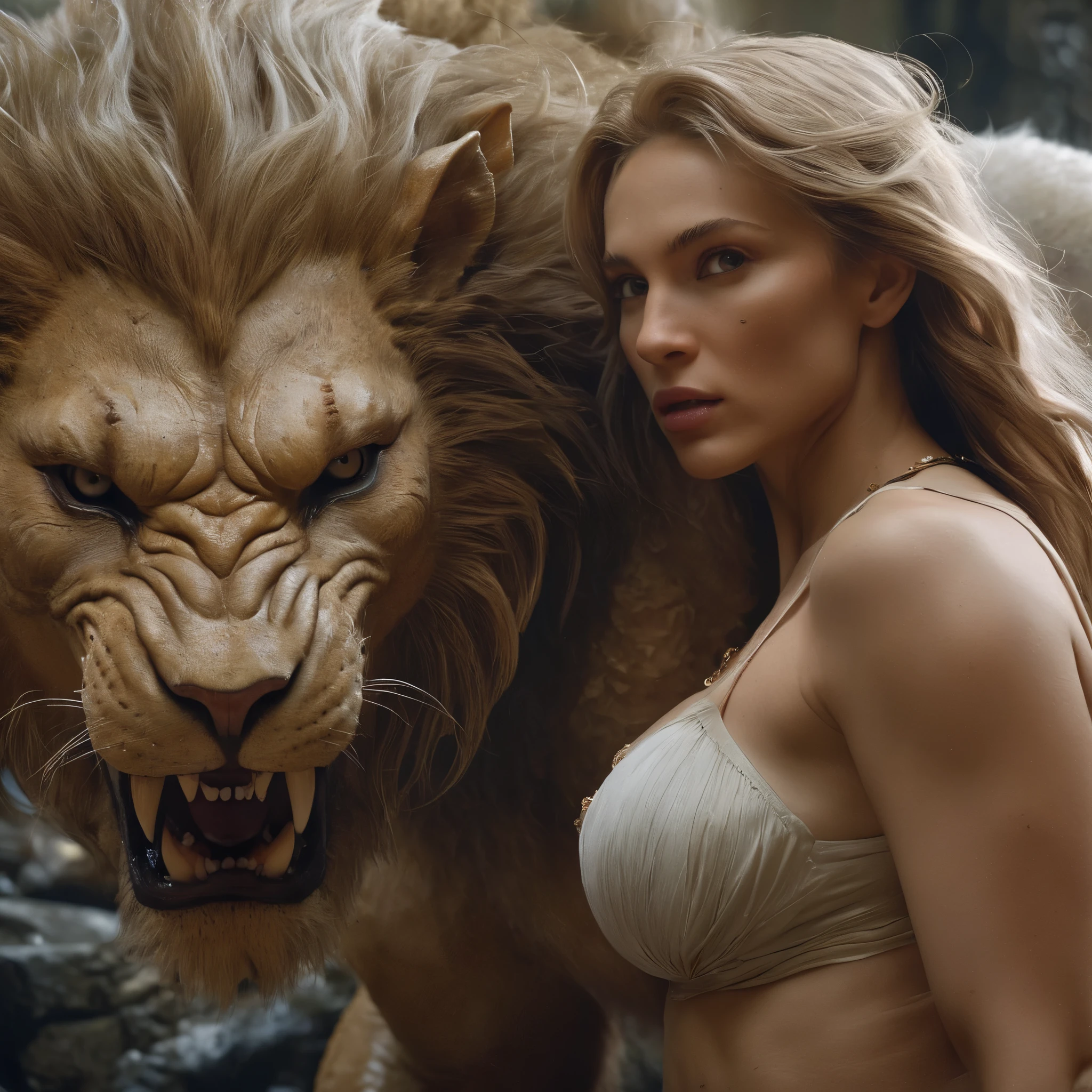 (Best Picture Quality,4k,8k,Hi-Res,Masterpiece:1.2),Ultra-Detailed,(Realistic,Photorealistic,Photorealistic:1.37)A female creature steeped in myth and horror, the white manticore presents a figure that strikes fear in the hearts of those who dare to look upon it. Its massive physique resembles that of a lion, (while its face is that of a beautiful female human:1.3), (NSFW:1.3)